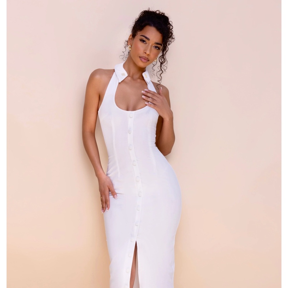 WHITE MESH BUTTON DOWN MIDI DRESS